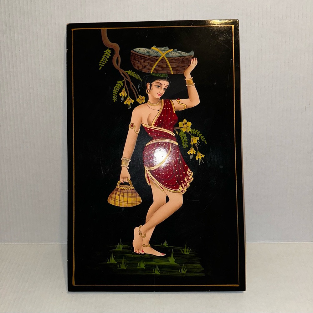 Nirmal Painting, India, Traditional Art Panel with Woman in Red Dress